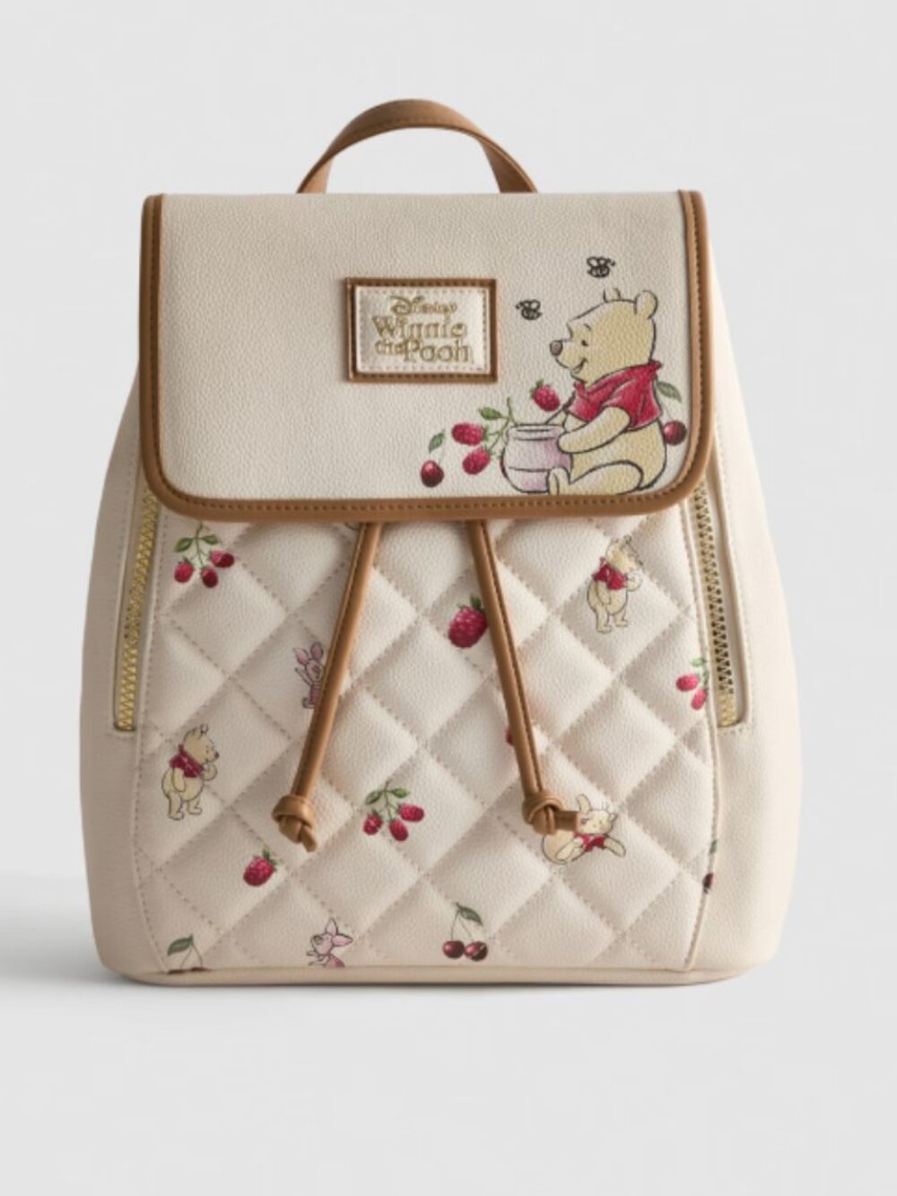 Disney Winnie the Pooh Quilted Backpack Strawberries Cream Red Gold Brown Tan